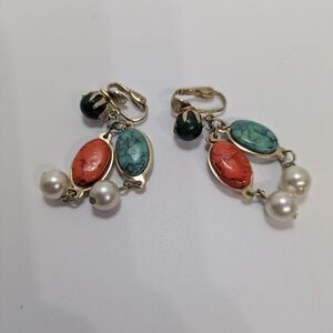 Vintage Teal, Orange, Green, And Pearl Clip On Dangle Earrings Made In Hong Kong